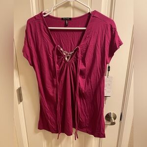NWT Daisy Fuentes XL Top purple necklace trim blouse stretch shirt XLG